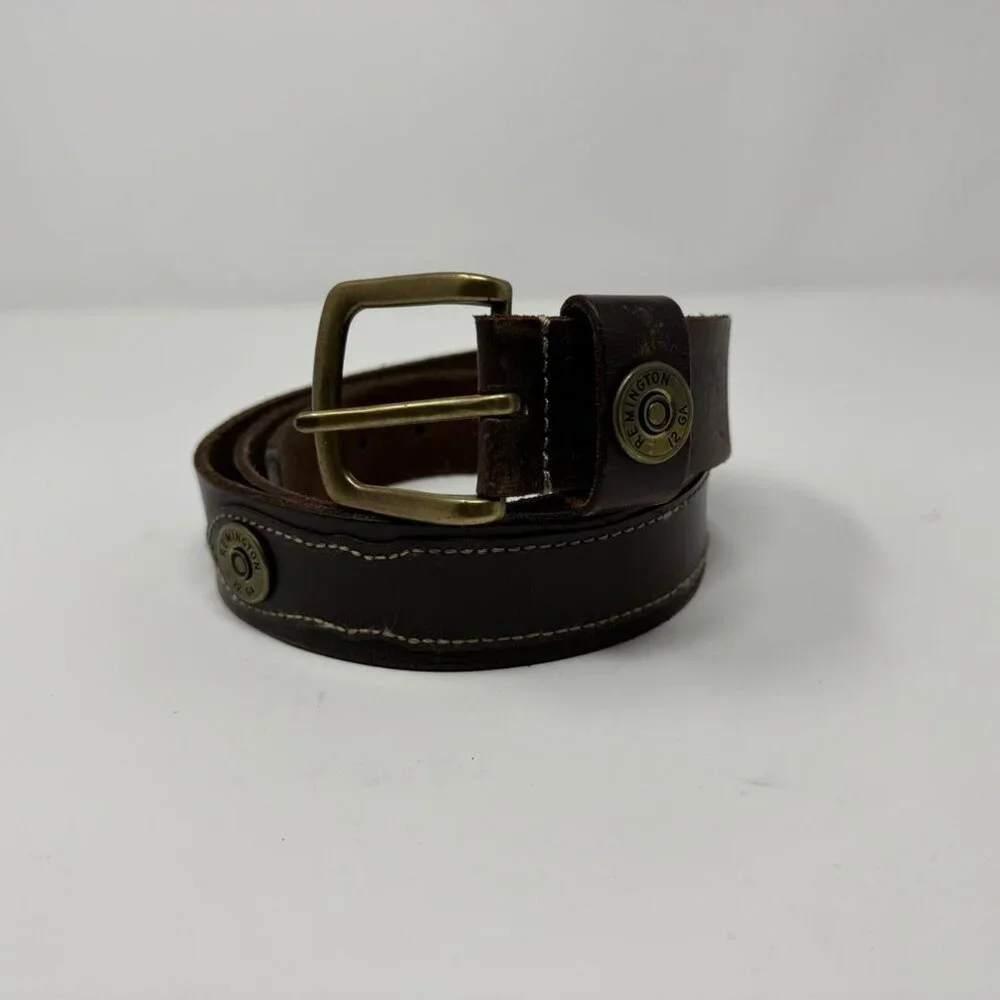 Remington‎ 12 GA Shotgun Shell Dark Brown Leather Belt Brass Buckle Men’s 42